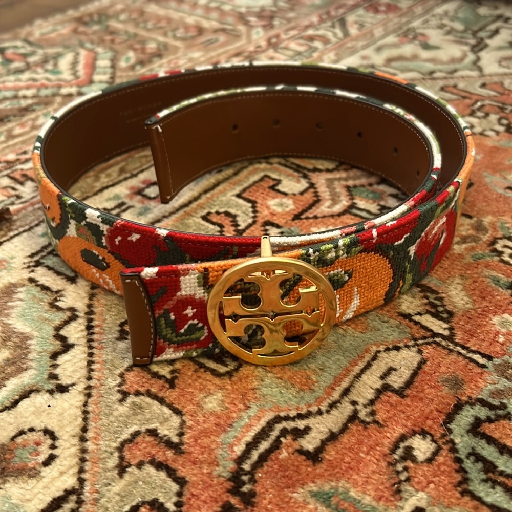Tory Burch Floral Canvas Belt with Gold Logo Buckle - Red, Orange, Green